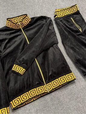 Prestige velour track set in black and gold, Men’s Size Medium.
